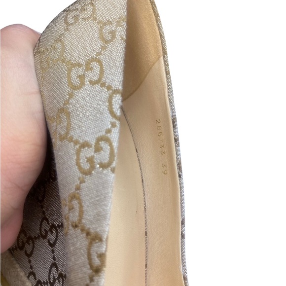 Gucci GG Canvas Charlotte Horsebit Wedge Espadrille Peep Toe Pumps Size EU 39 - Picture 10 of 11
